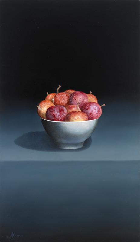 Victoria Plums in a White Round Bowl
